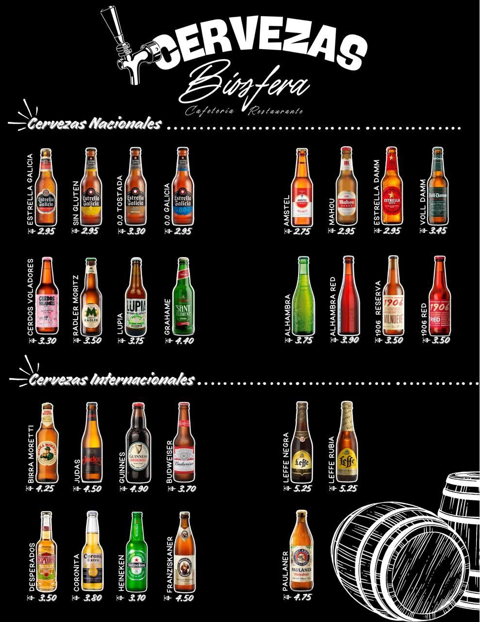 Una pizarra con botellas de cerveza y la palabra biosfera en la parte inferior.
