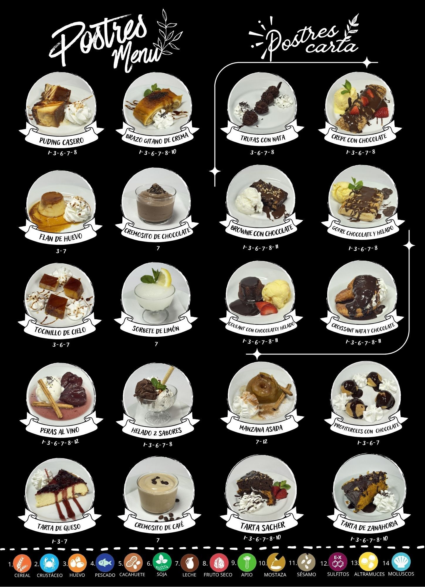 Un menú muestra una variedad de postres y bebidas.