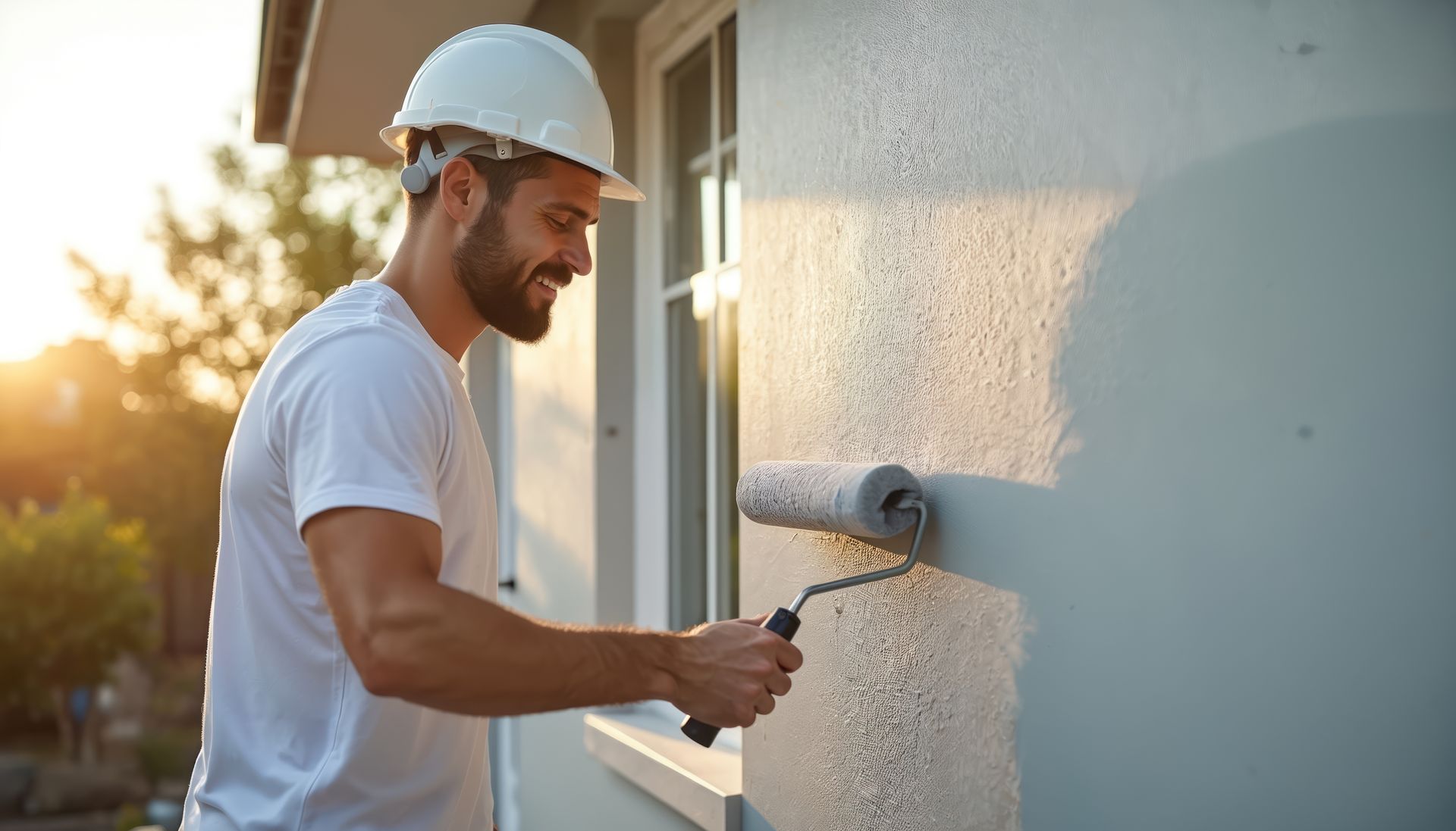 Un homme portant un casque de chantier peint un mur extérieur au rouleau ; soleil couchant.