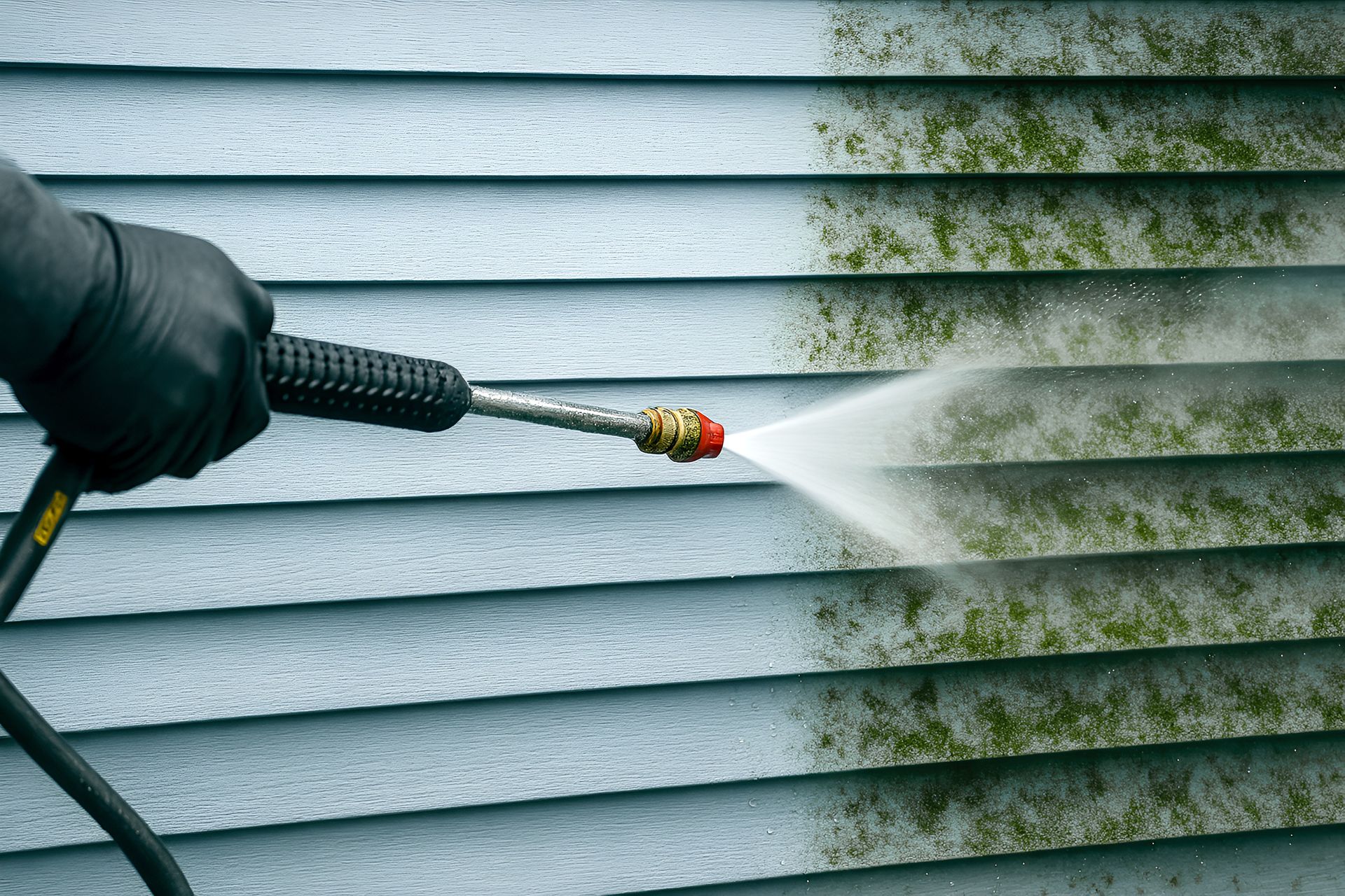 Une personne portant des gants noirs nettoie à haute pression le revêtement extérieur d'une maison, enlevant la mousse et la saleté.