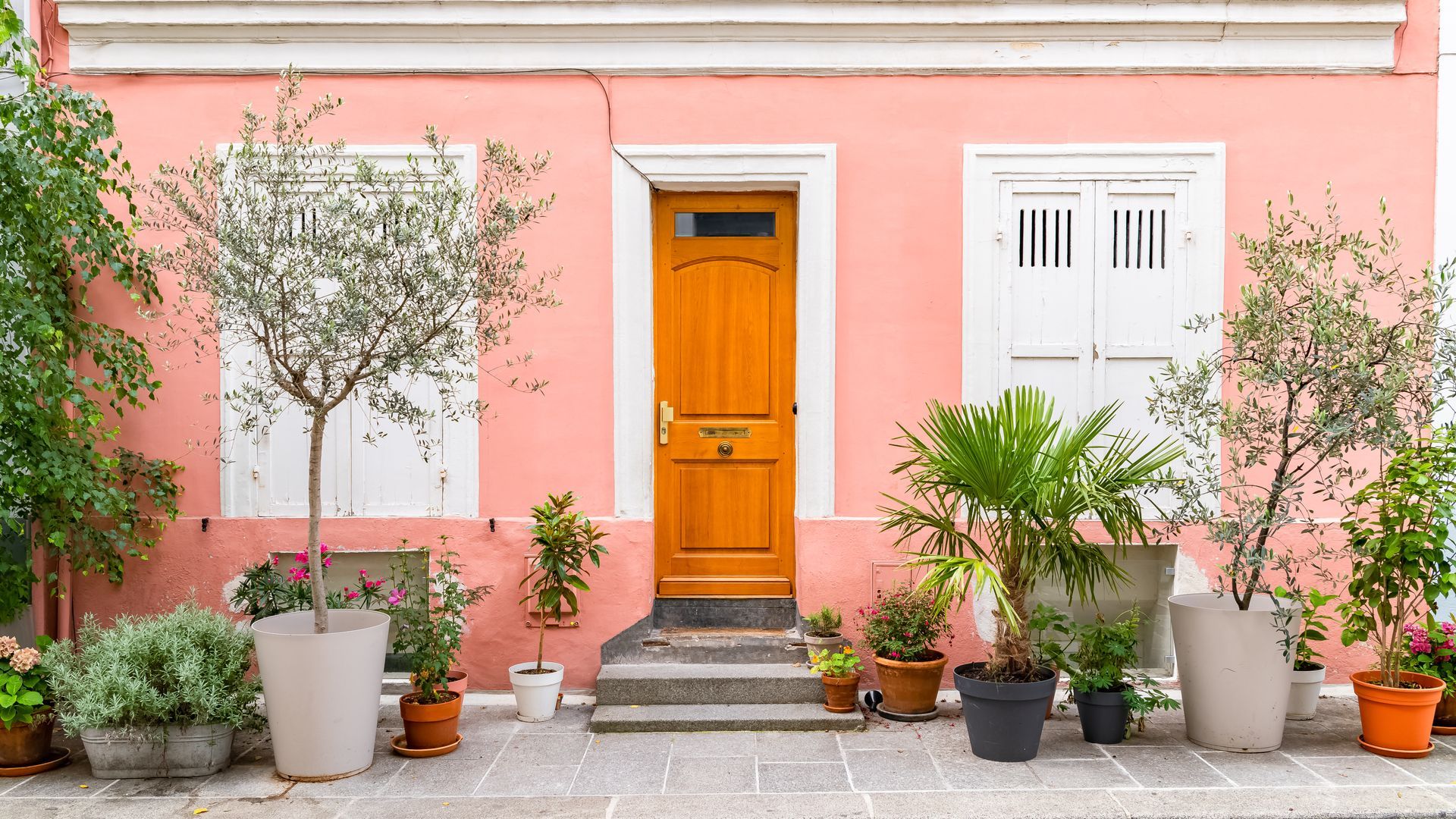 Bâtiment rose avec une porte en bois et des volets blancs, orné de plantes en pot.