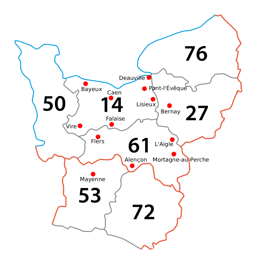 Carte des départements et villes où intervient le professionnel.