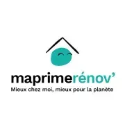 Logo pour MaPrimeRénov'. Une maison stylisée avec une tache turquoise en dessous, du texte noir et le slogan « Mieux à la maison, mieux pour la planÚte ».