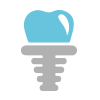 Un icono azul y gris de un diente con un implante dental.