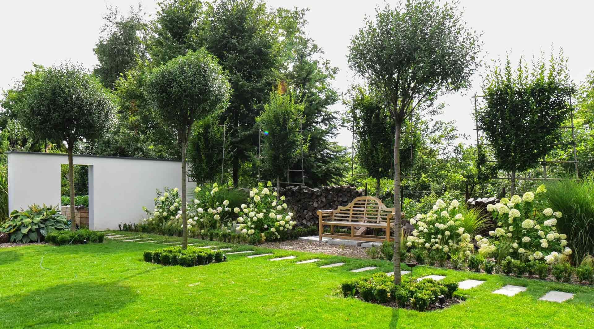 Jardin avec banc en bois