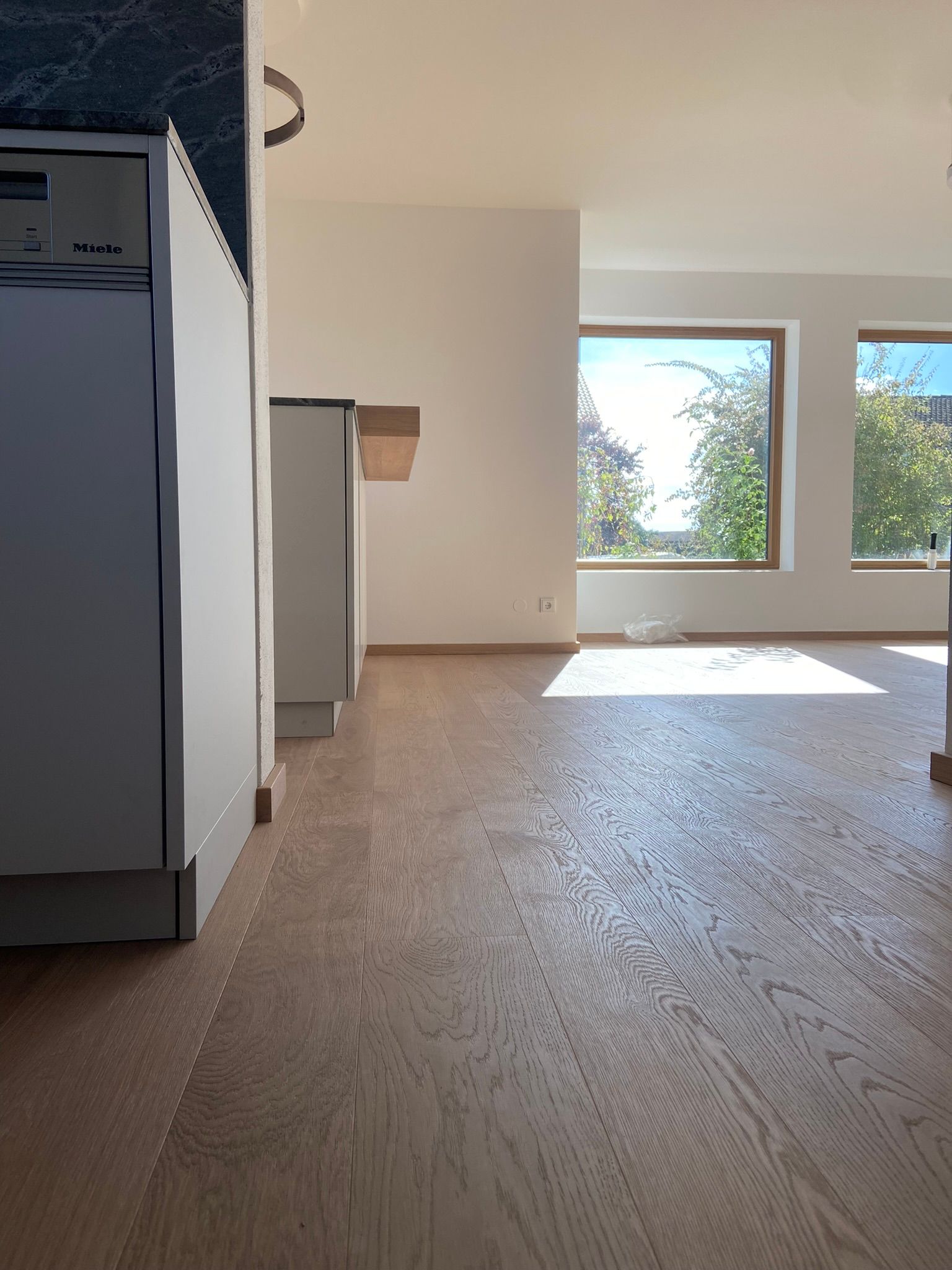 Eine Küche mit einer Miele-Spülmaschine und einem großen Fenster