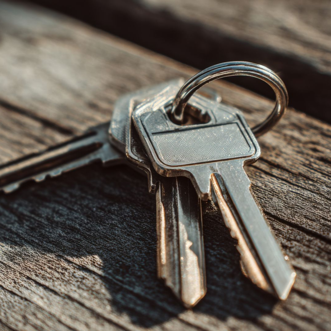 Un trousseau de clés métalliques sur un anneau circulaire, posé sur une surface en bois sombre et patinée.