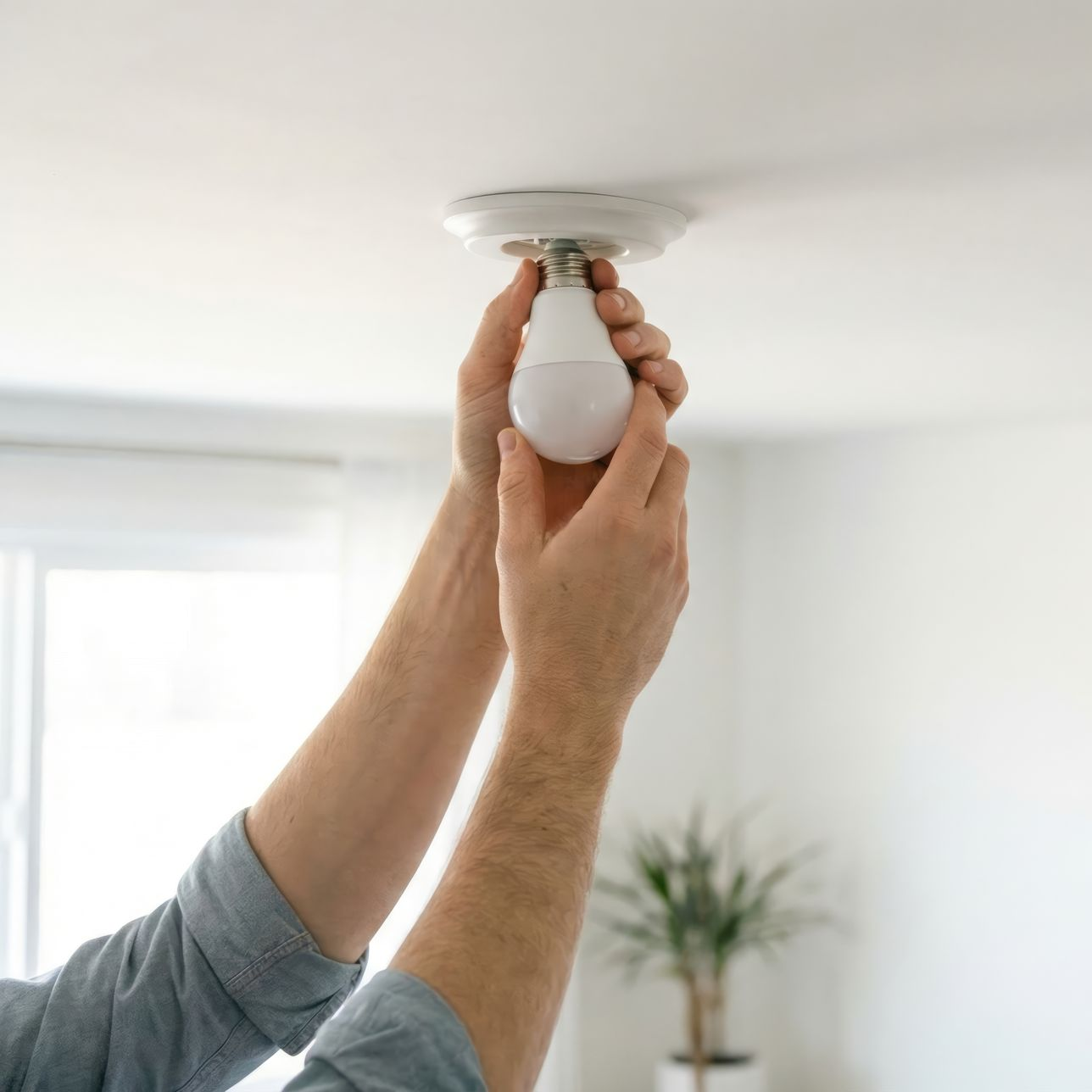 Dans une pièce lumineuse et minimaliste, des mains vissent une ampoule LED blanche dans un luminaire de plafond.