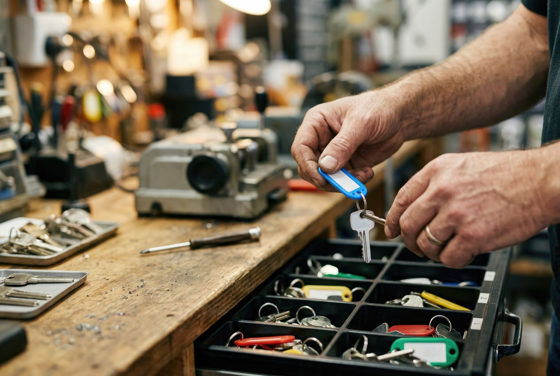 Un serrurier tient une clé avec une étiquette en plastique bleu au-dessus d'un tiroir d'atelier rempli de clés de toutes sortes.