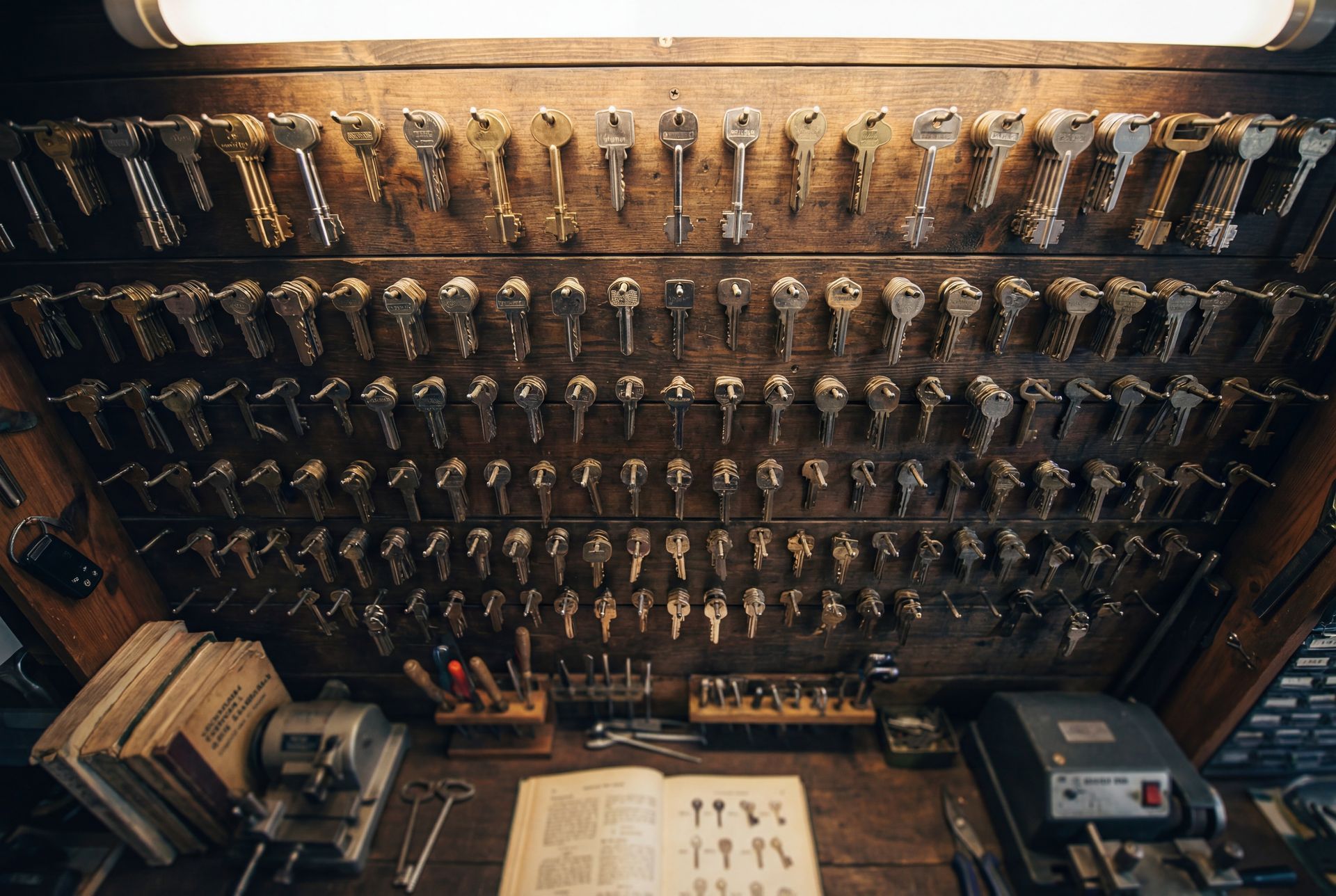Un établi en bois avec des rangées de clés suspendues, un ouvrage de référence et une machine à tailler les clés sous une lumière vive.