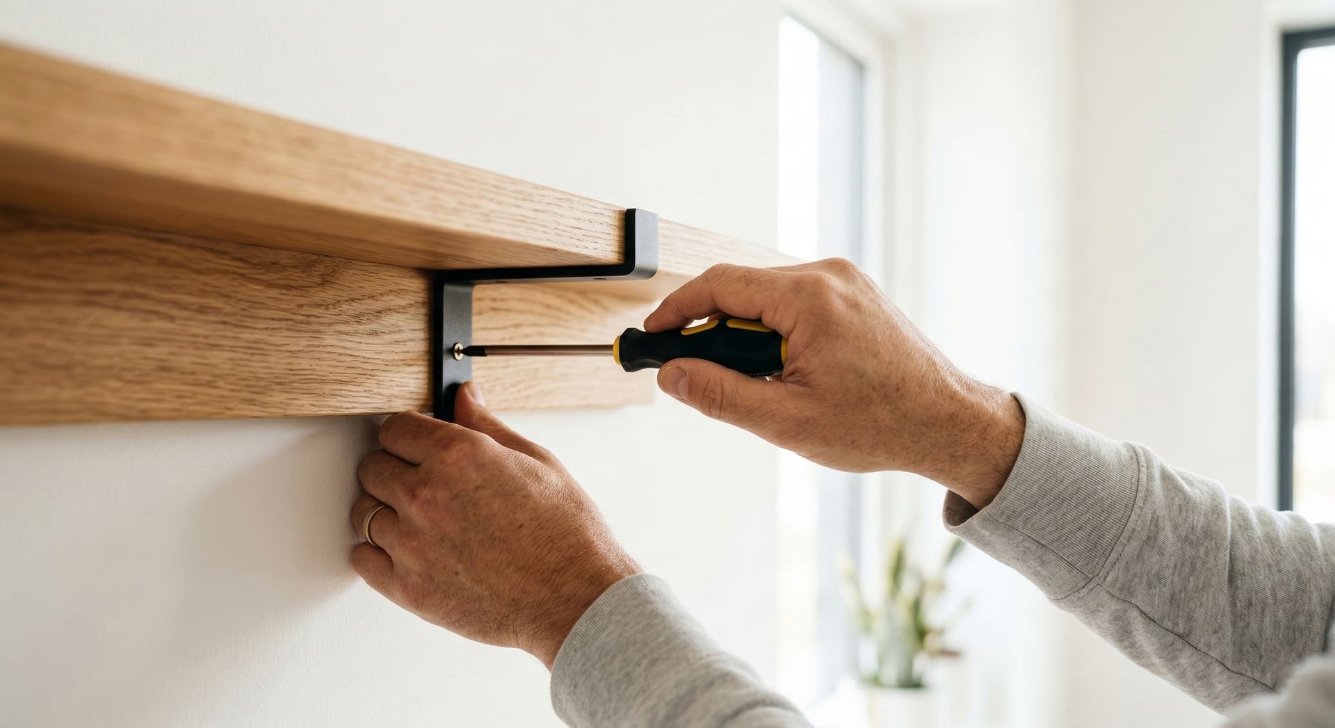 Une personne utilise un tournevis pour fixer un support métallique noir sur une étagère en bois montée sur un mur blanc.