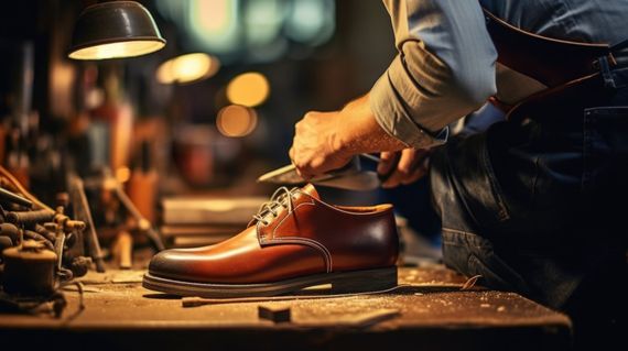 Un artisan travaille sur une chaussure en cuir marron poli dans un atelier professionnel à l'éclairage tamisé.