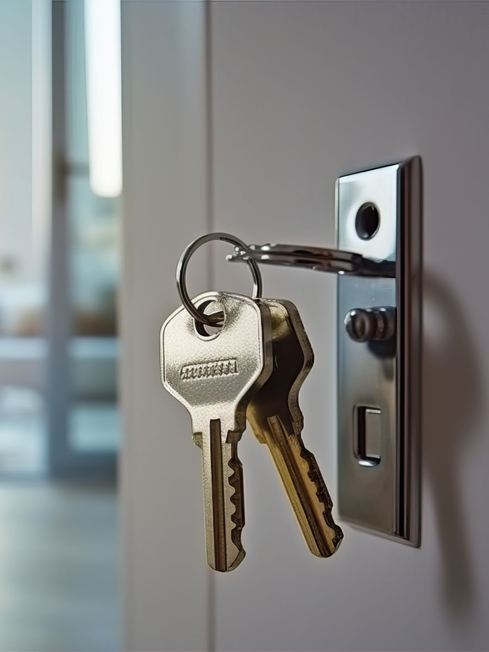 Gros plan sur un porte-clés en métal avec deux clés argentées suspendues à une plaque métallique fixée à une porte de couleur claire.