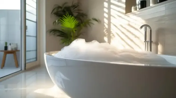 Una bañera blanca independiente llena de espuma de baño en un baño soleado con una palmera en maceta cerca.