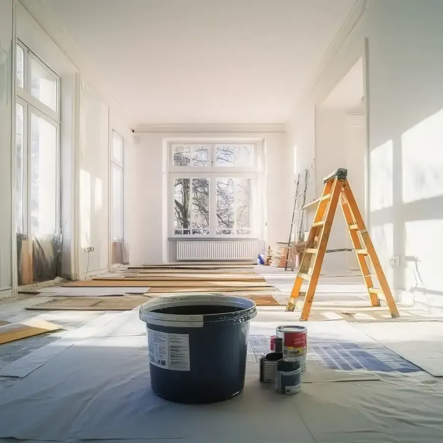 En una habitación vacía y soleada que está siendo renovada, se puede ver un cubo de pintura oscuro.