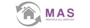 Logotipo de Menorca All Services que muestra un icono de una casa gris dentro de una flecha circular .