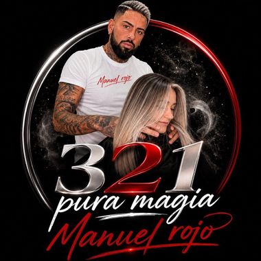 Cartel promocional con un barbero tatuado, una clienta rubia y el texto &ldquo;321 pura magia Manuel Rojo&rdquo;.