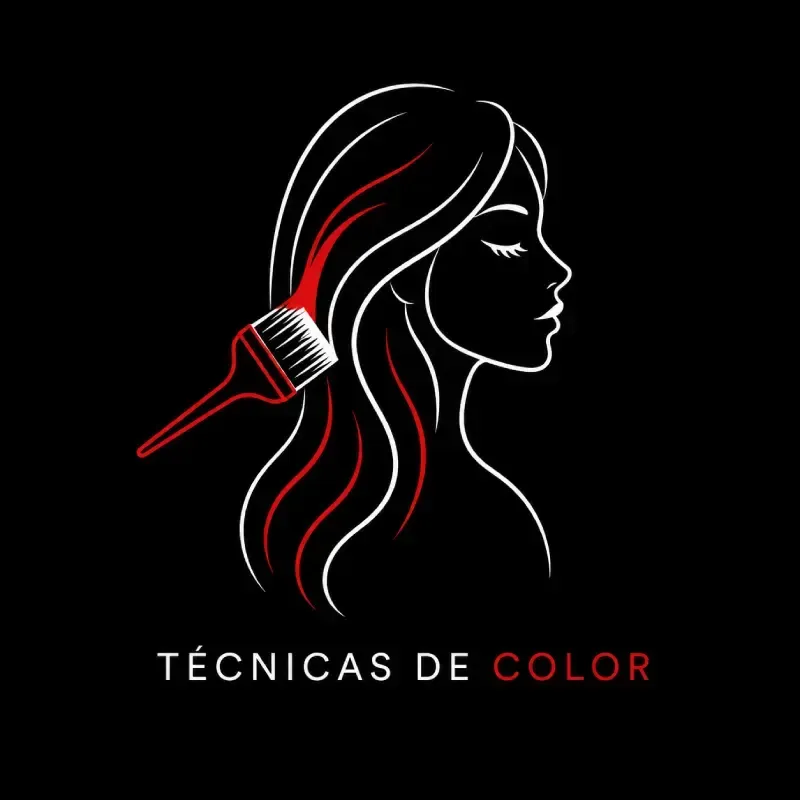 Logo de “Técnicas de Color” con silueta femenina, peine y trazos rojos y blancos sobre fondo negro.