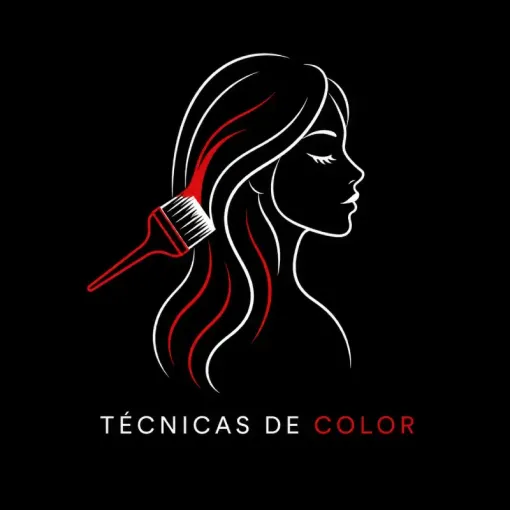 Logo de “Técnicas de Color” con silueta femenina, peine y trazos rojos y blancos sobre fondo negro.