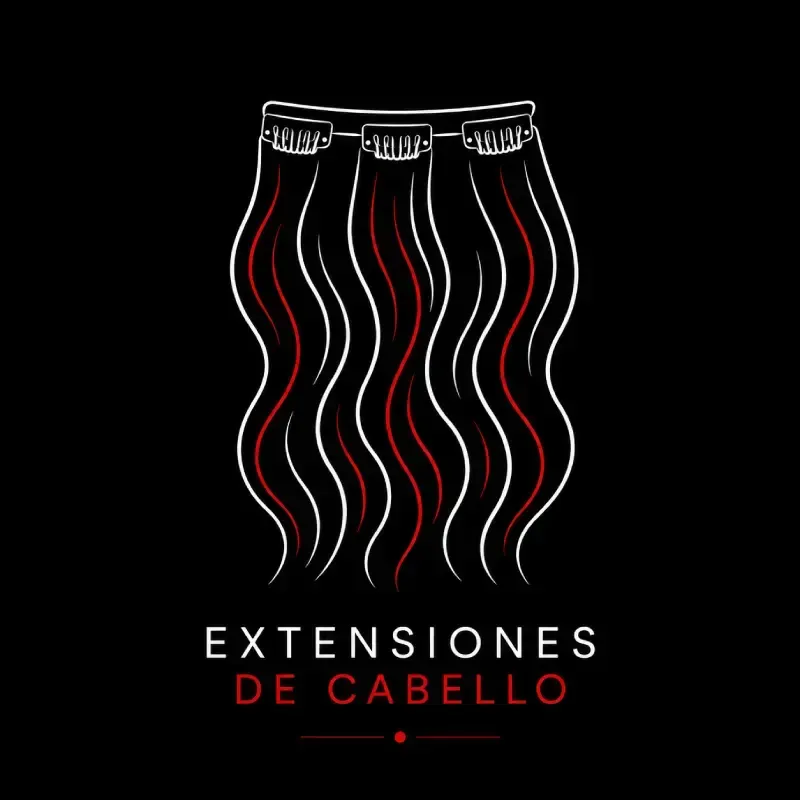 Logo de extensiones de cabello en negro, con mechones ondulados blancos y rojos y texto “EXTENSIONES DE CABELLO”.