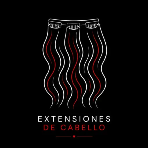 Logo de extensiones de cabello en negro, con mechones ondulados blancos y rojos y texto “EXTENSIONES DE CABELLO”.