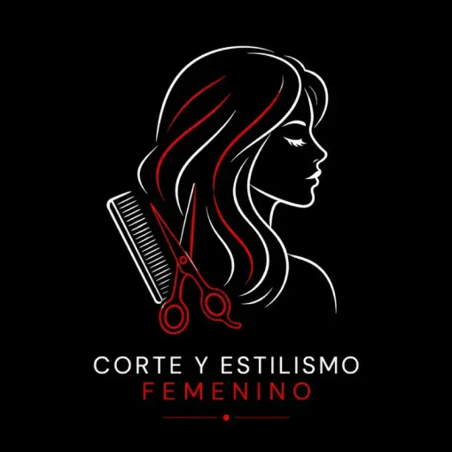 Logotipo de una peluquería femenina con líneas blancas, detalles en rojo y un peine y tijeras sobre fondo negro.