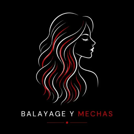 Logo de salón con silueta femenina en blanco y mechones rojos; texto “BALAYAGE Y MECHAS” sobre fondo negro.