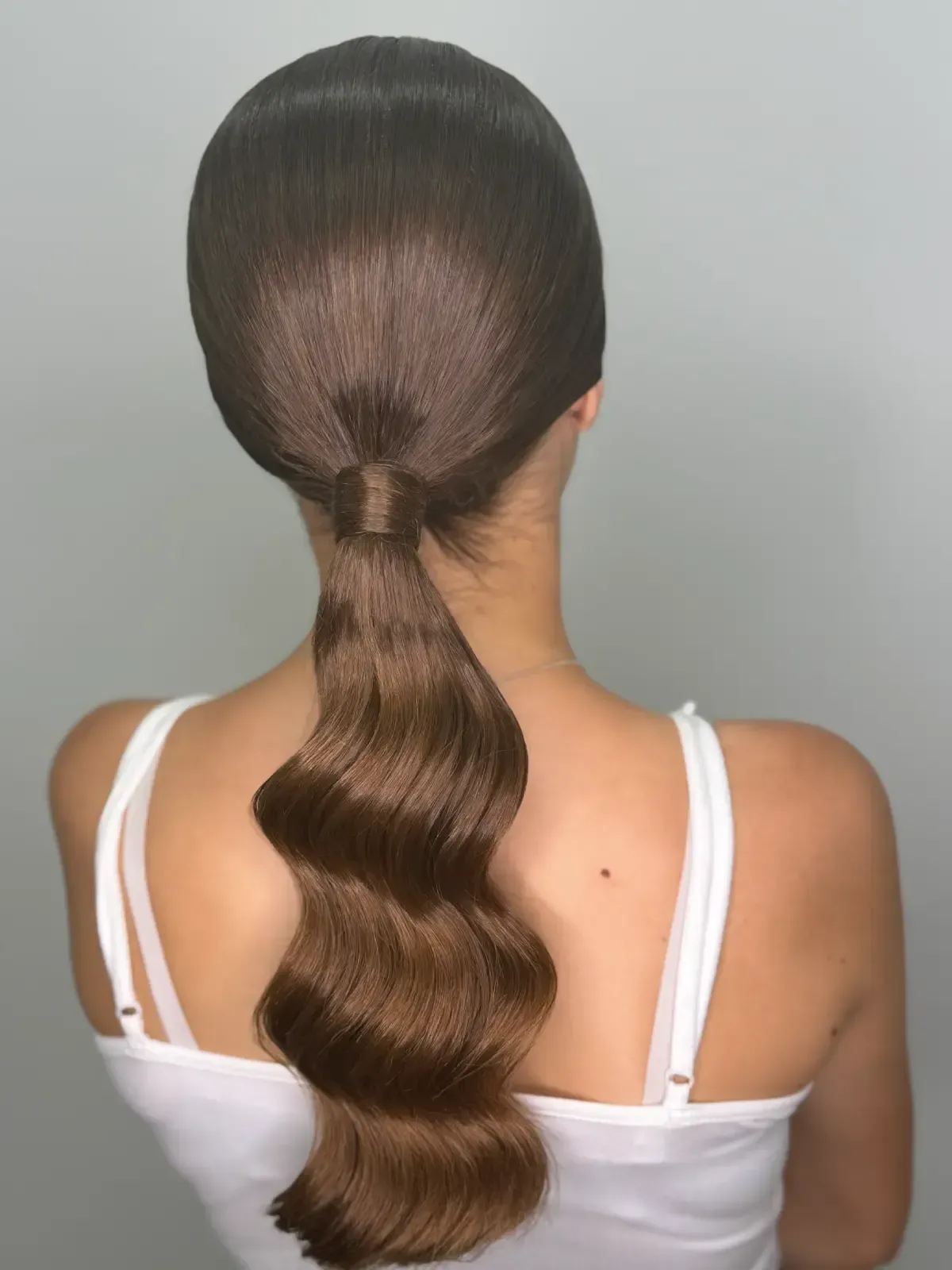 Vista posterior de una persona con cabello oscuro y liso peinado en una larga trenza de burbujas.