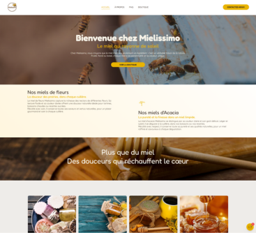 Page d'accueil du site web, une boutique de miel et de confiseries, présentant des textes et des images de produits.