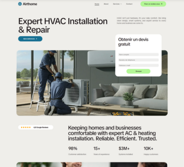 Page web pour les services de CVC : deux techniciens installent un climatiseur, avec un formulaire.
