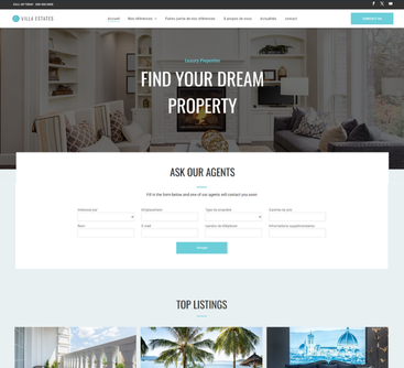 Page d'accueil du site web avec en-tête, formulaire de recherche et liste de biens immobiliers.