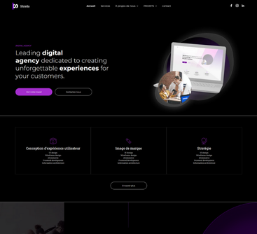 Page d'accueil du site web : Agence numérique avec un graphisme d'ordinateur portable, du texte et une illustration ludique