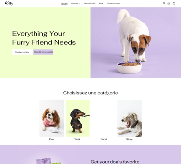 Page d'accueil faisant la promotion d'articles pour animaux de compagnie : un chien mangeant dans une gamelle