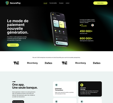 Website promoting SecurePay: black phone, green and black background, text 