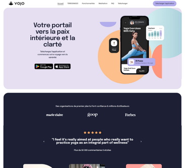 Page d'accueil d'un site web faisant la promotion d'une application de yoga.  graphismes violets/oranges/blancs. 