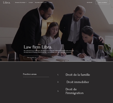 Site web du cabinet d'avocats Libra. Avocats examinant des documents. Domaines de pratique listés.