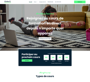 Publicité pour un cours de fitness en ligne en direct, avec une femme faisant de la musculation.