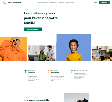 Site web de Wind Insurance. Des gens sourient. Une femme vêtue d'orange. Un enfant en haut jaune. Une famille.