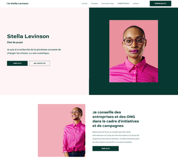 Page d'accueil du site web cv. Palette de couleurs rose et verte avec la photo d'une femme en chemise rose et lunettes.