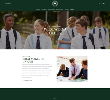 Page d'accueil du site web. Des étudiants en uniforme, souriants, déambulent sur le campus. En-tête et pied de page verts.