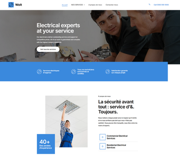 Page web faisant la promotion de services électriques avec le texte et une photo de deux électriciens.