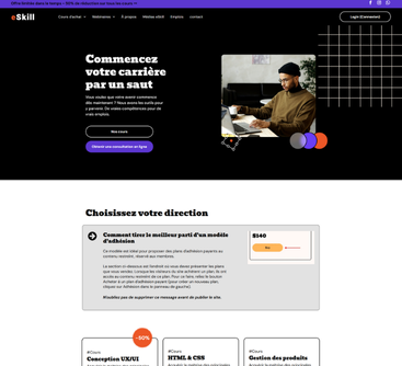 Website homepage with headline “Commencez votre carrière par un saut” and a man working on a laptop.