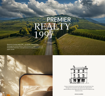 Page d'accueil du site web de Premier Realty présentant des détails sur le paysage toscan et l'intérieur.