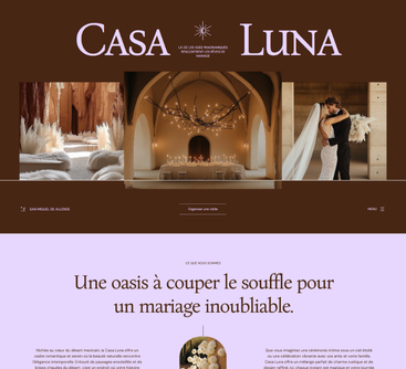 Page d'accueil du site web de Casa Luna, avec des photos de mariage et du texte en marron et violet.
