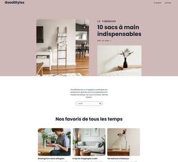 En-tête du site web avec des photos de design d'intérieur, une barre de recherche et des aperçus d'articles.