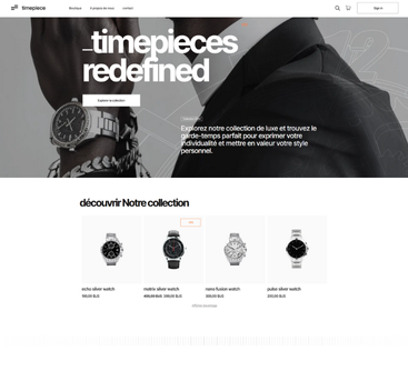 Page d'accueil d'un site web présentant des modèles de montres et une personne portant une montre. 