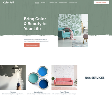 Page d'accueil d'un site web faisant la promotion de services de peinture intérieure, avec des pièces colorées et des pots.