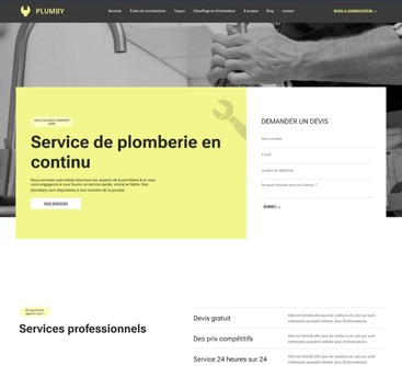 Site web d'une entreprise de plomberie. Maquette verte et blanche avec formulaire de demande de devis et bannière