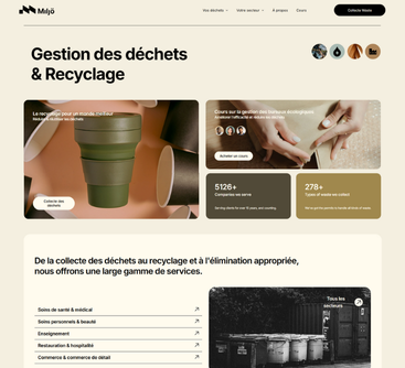 Page d'accueil du site web : services de gestion des déchets et de recyclage, avec photos des produits et détails