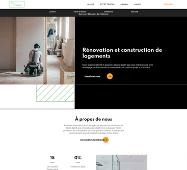 Ouvrier du bâtiment à l'intérieur d'un immeuble ; texte : rénovation et construction de logements.